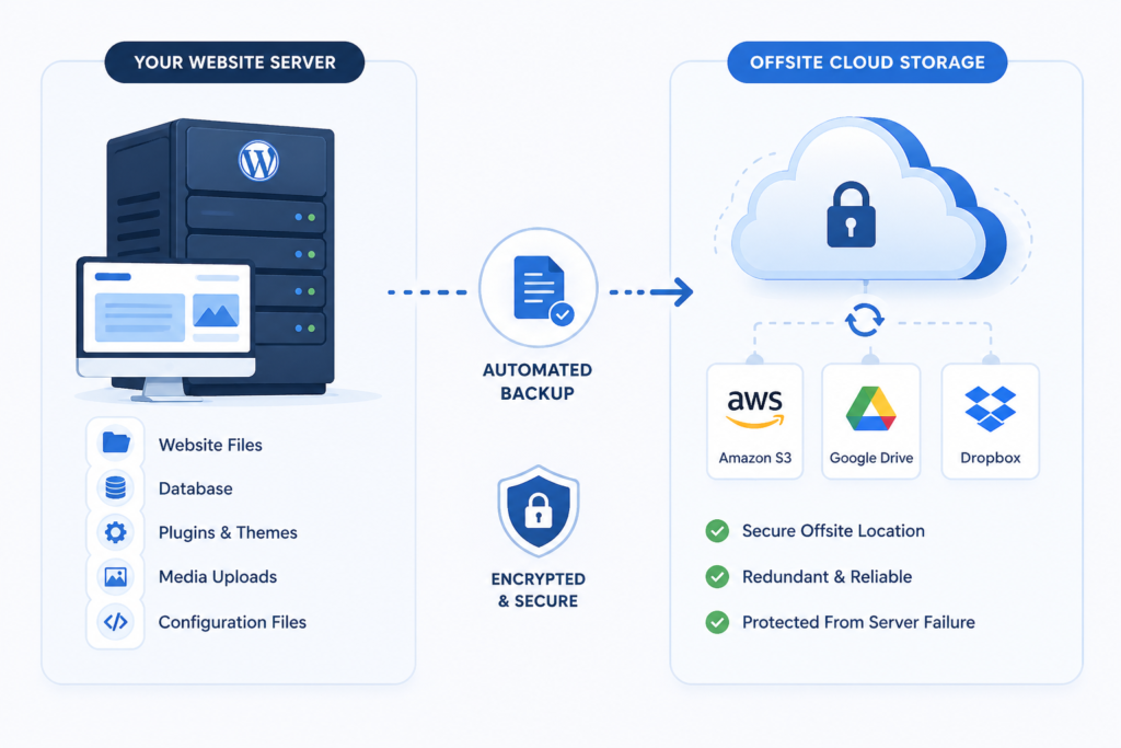 Offsite WordPress backup with secure cloud storage, automated encrypted transfer.

