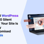 Hacked WordPress site warning illustration showing security alerts, unauthorized login notices, and malware activity on a laptop dashboard.