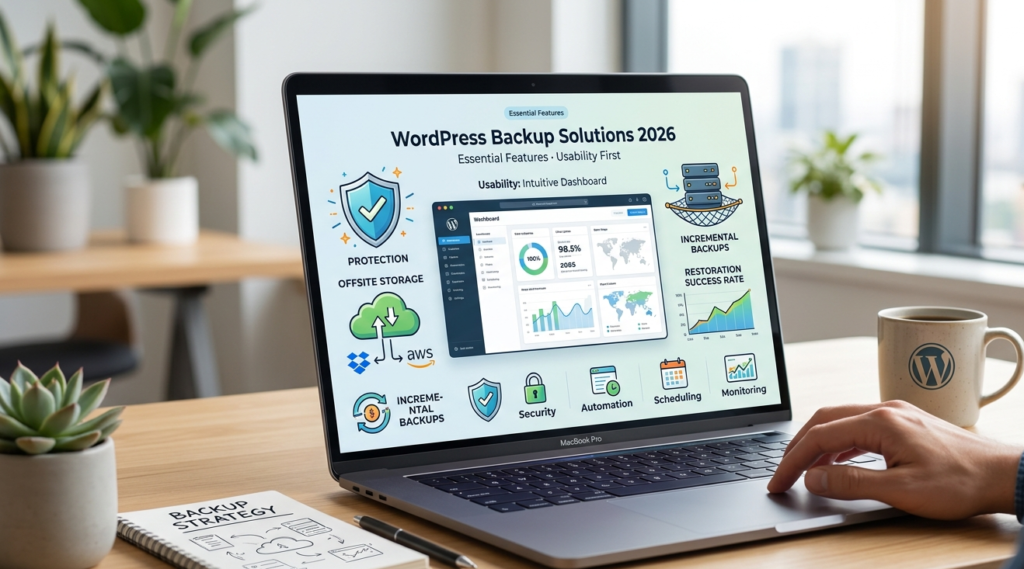 laptop screen showing basic WordPress backup solution features