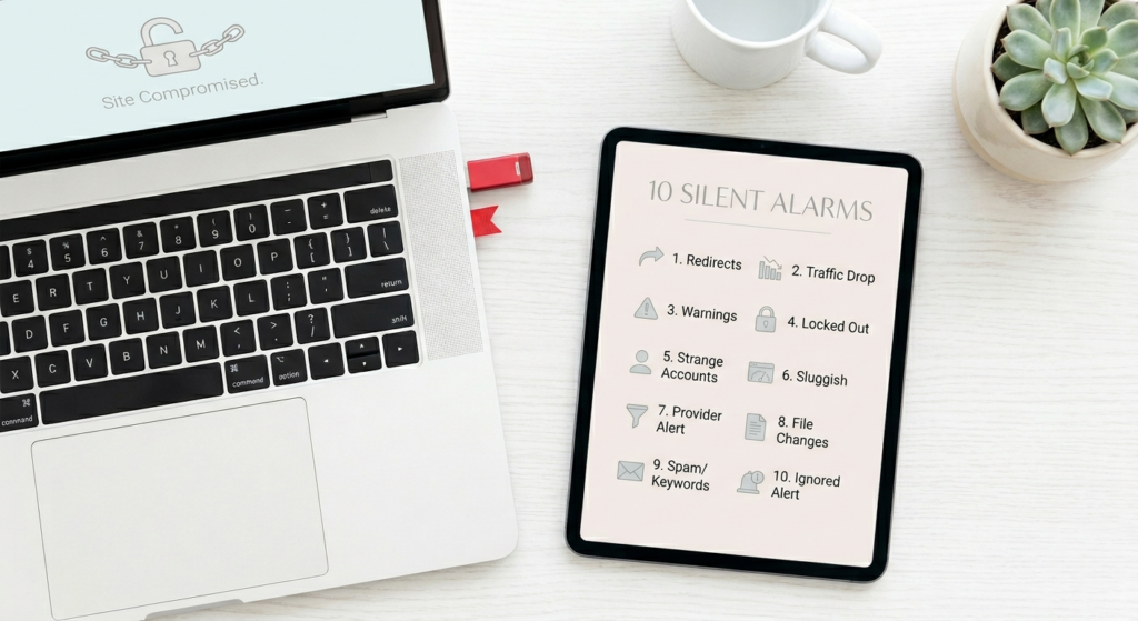 "Modern desk flat lay with laptop showing 'Site Compromised' text and tablet displaying a '10 Silent Alarms' 