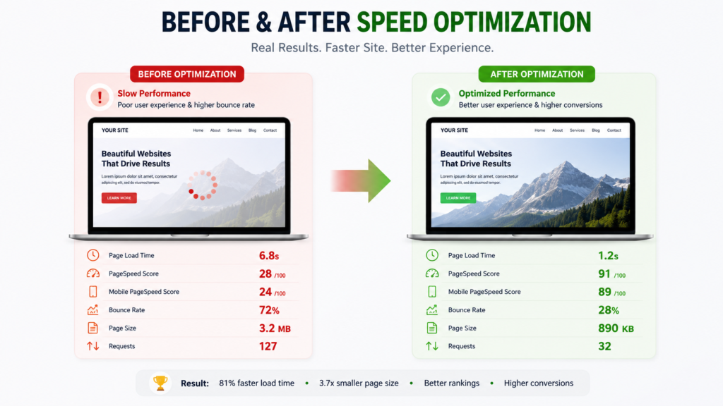 Comparison showing website performance before and after WordPress speed optimization with improvements in page load time, Core Web Vitals, and performance scores.