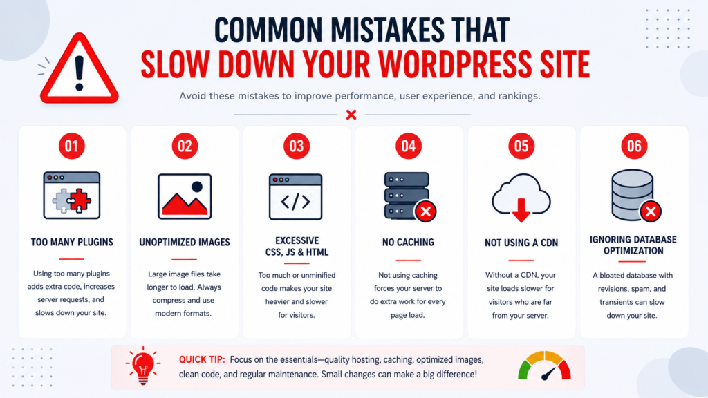 Infographic showing common mistakes that slow down a WordPress website, including too many plugins, unoptimized images, excessive CSS and HTML, no caching, no CDN, and poor database optimization.