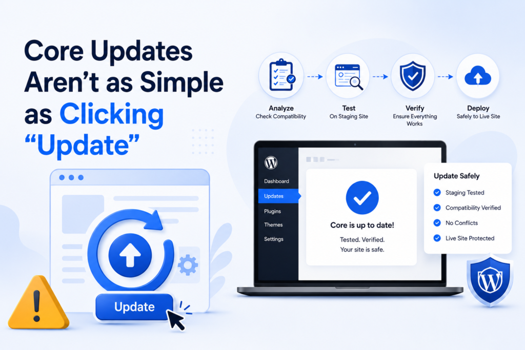 Professional WordPress core update process showing why updates are crucial part of Professional WordPress Website Maintenance Plan.
