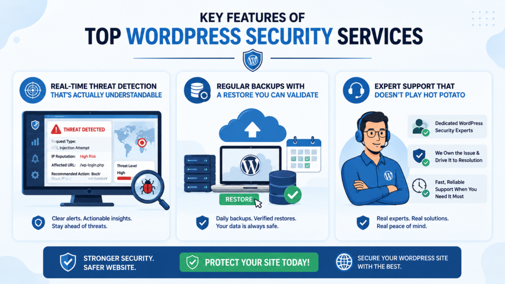 Infographic illustrating key features of top WordPress security services, including real-time threat detection, verified website backups with one-click restore, and expert WordPress security support for faster incident resolution.