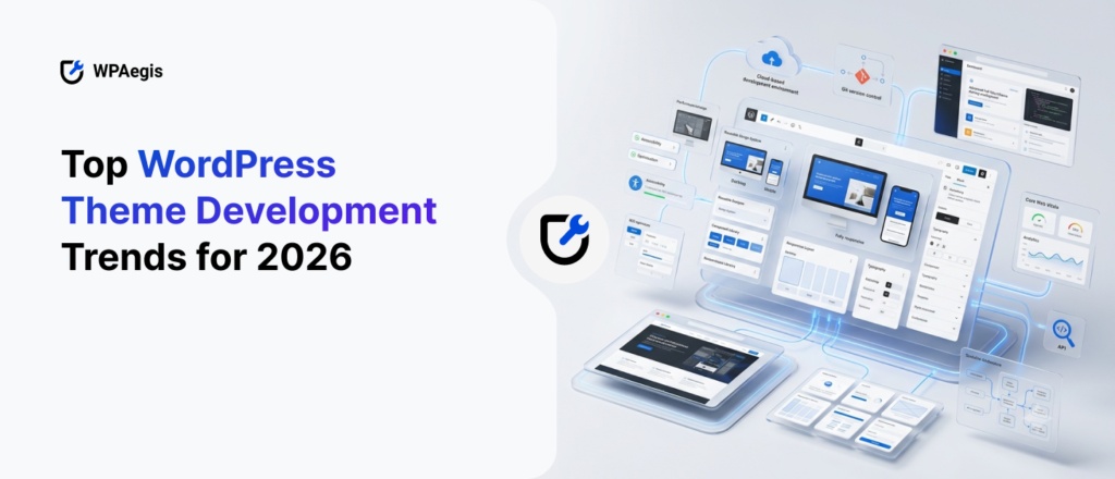 Top WordPress theme development trends for 2026 featuring modern responsive design, AI-powered development, performance optimization, and custom WordPress website solutions by WPAegis.