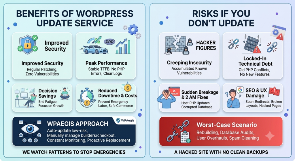 Benefits and risk related to WordPress Update service.