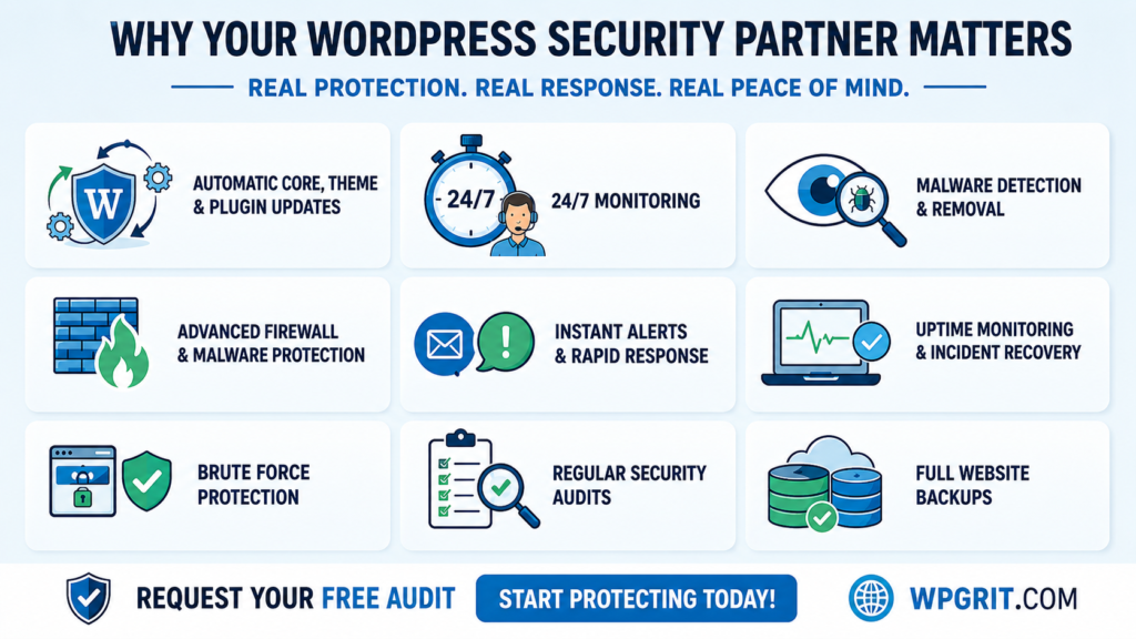 Infographic showing why a WordPress security partner matters with key features including automatic updates, 24/7 monitoring, malware detection, firewall protection, security audits, brute force protection, uptime monitoring, and website backups.