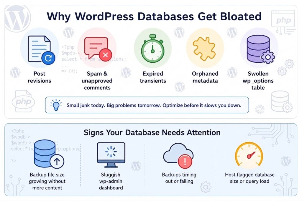 Infographic showing causes of WordPress database bloat and key warning signs to optimize database performance.
