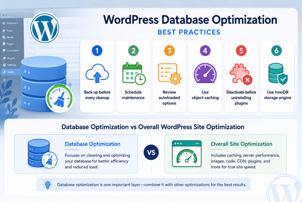 
WordPress database optimization infographic showing six best practices and a comparison between database optimization and overall WordPress site optimization.
