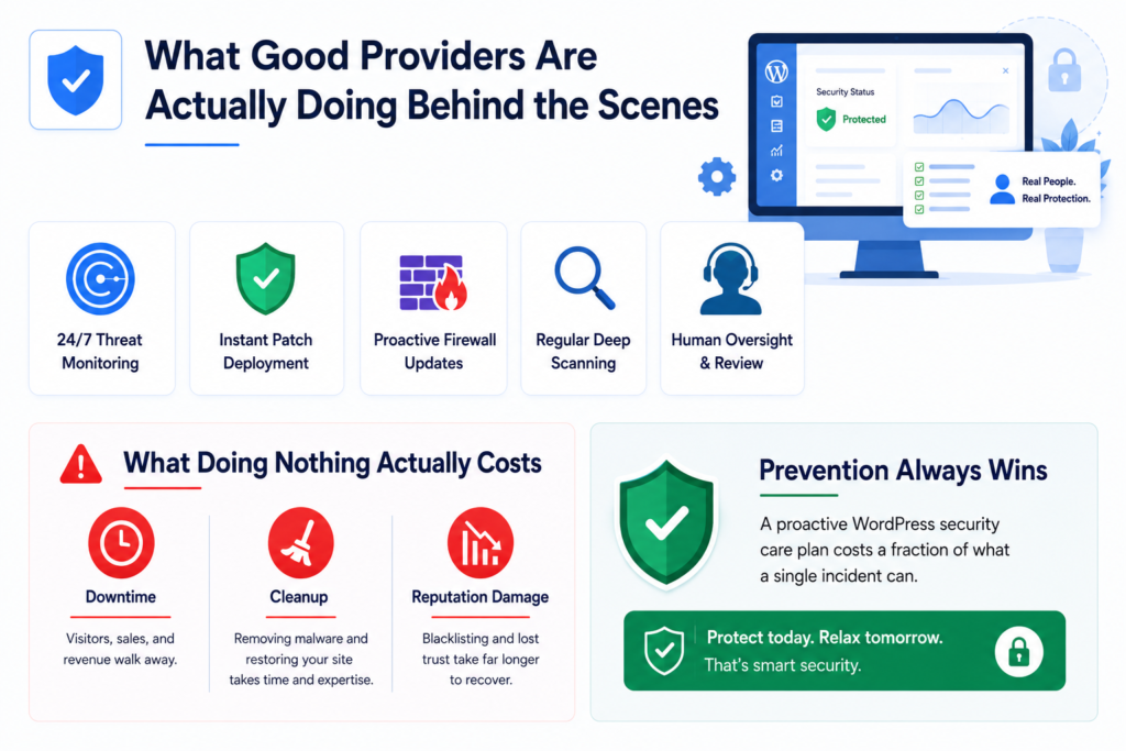 WordPress security infographic showing proactive monitoring, patch deployment, firewall updates, deep scanning, human oversight, and the costs of downtime, cleanup, and reputation damage.