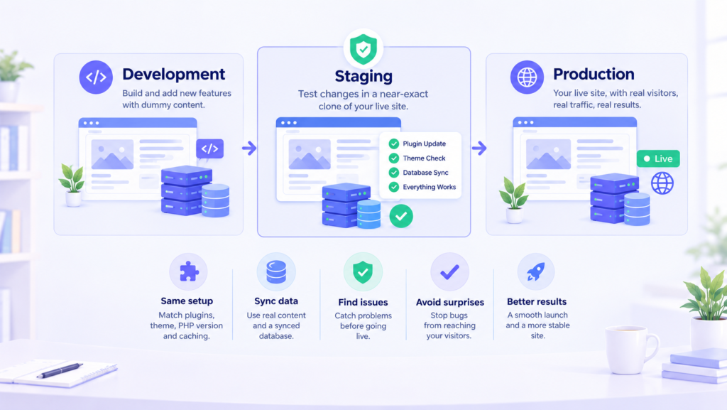 Development, staging, and production WordPress environments connected in a workflow, showing testing, data syncing, issue checks, and safer website launches.
