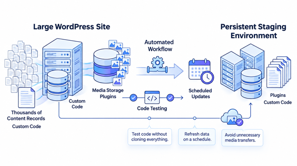 Diagram of an automated staging workflow for large WordPress websites, showing persistent staging, code testing, and scheduled database refreshes.