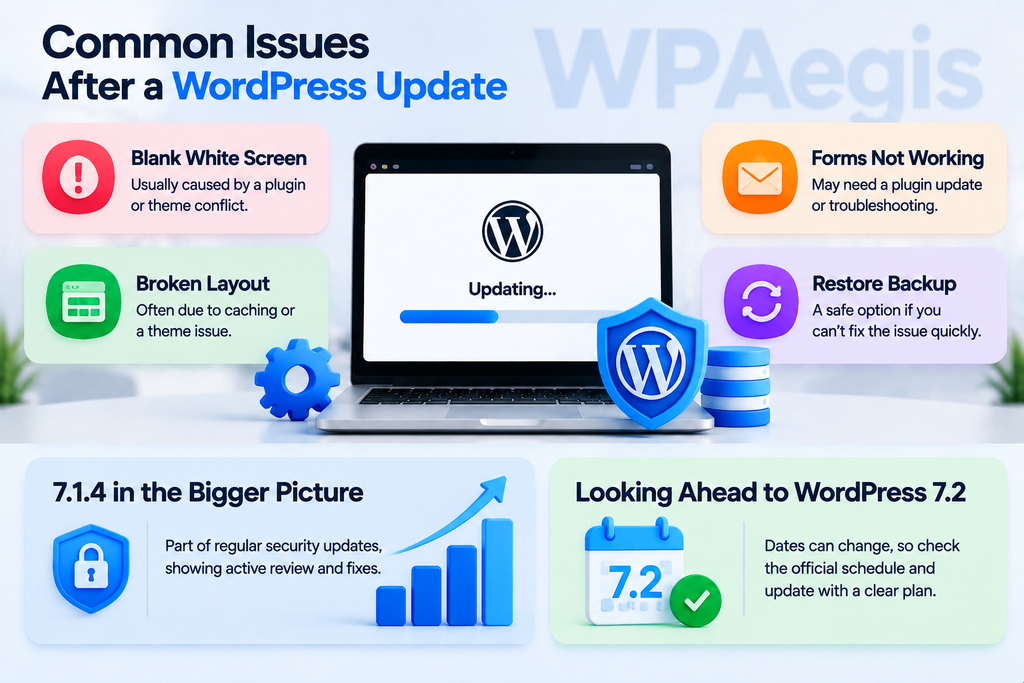 Common WordPress update issues infographic highlighting blank white screens, broken layouts, contact form errors, backup restoration, and preparation for WordPress 7.2.
