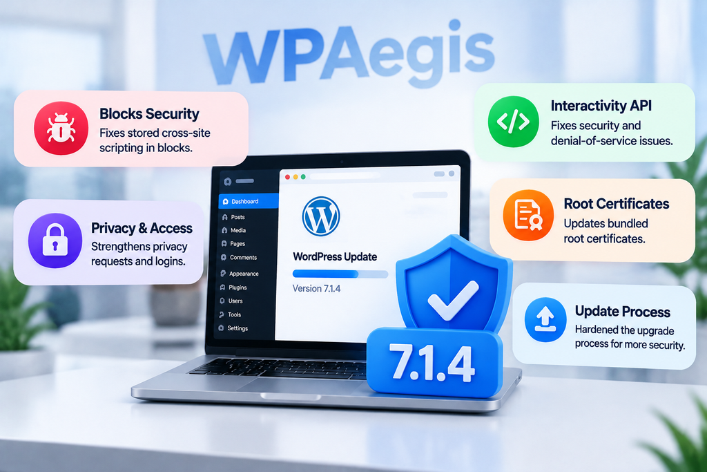 WordPress 7.1.4 security update infographic showing fixes for block vulnerabilities, privacy issues, Interactivity API, root certificates, and upgrade security.