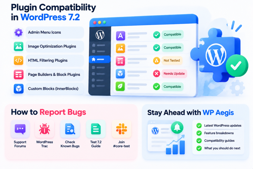 WordPress 7.2 plugin compatibility checks and bug reporting guide.