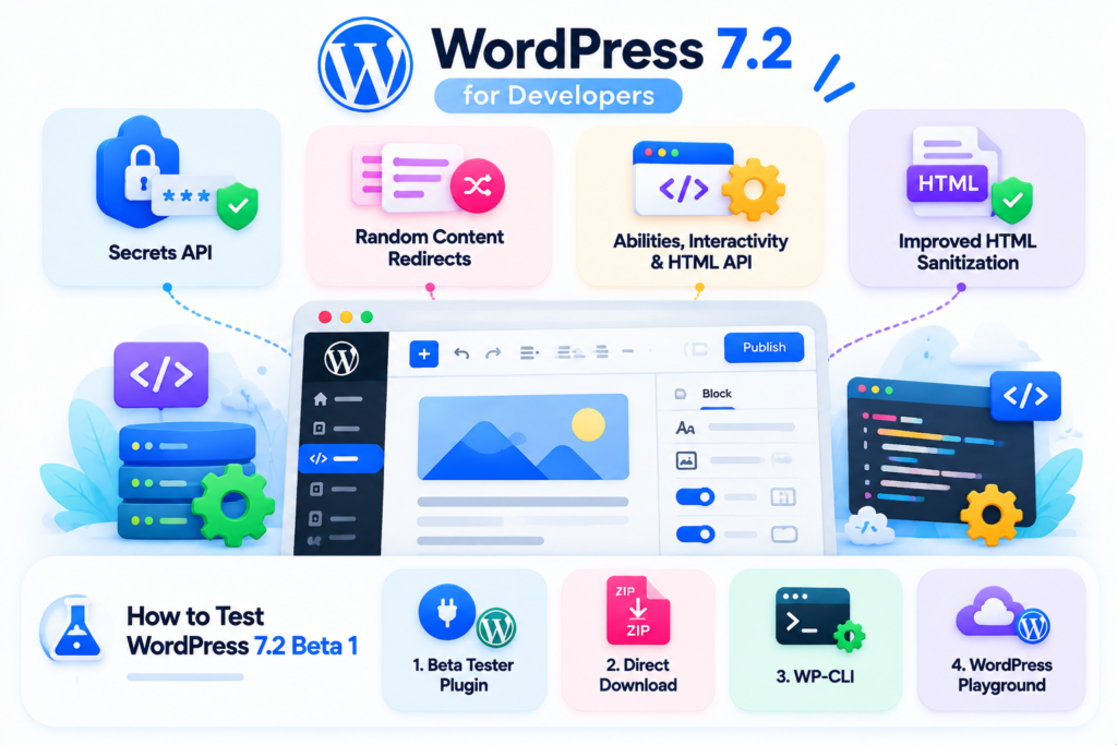 WordPress 7.2 developer features, including Secrets API, content redirects, and HTML improvements.