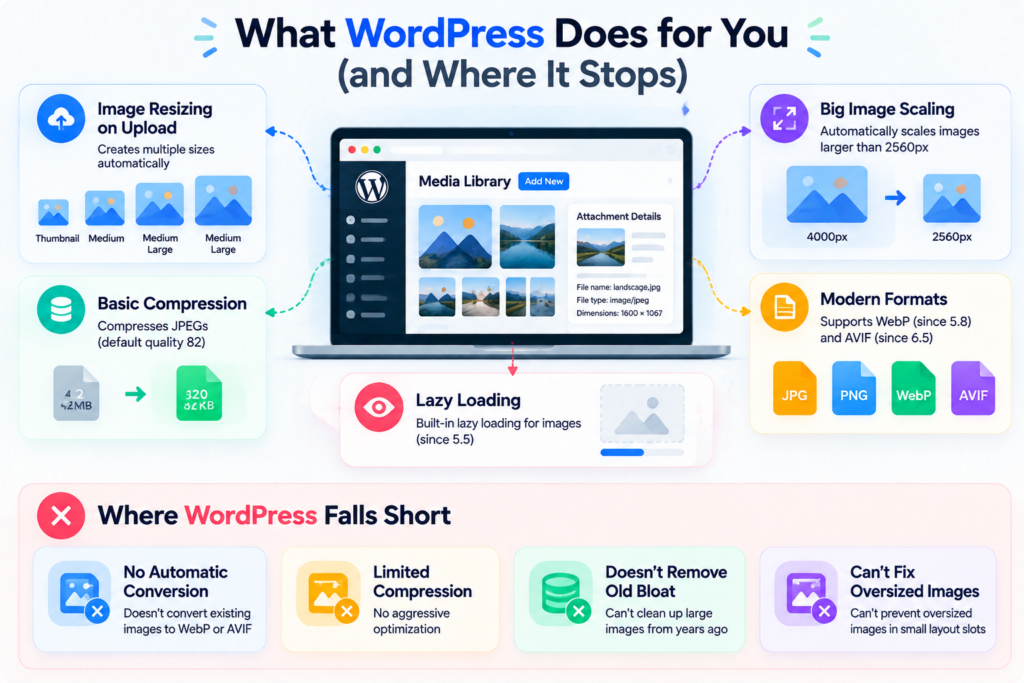 WordPress image optimization features including automatic resizing, compression, WebP support, AVIF formats, and lazy loading.